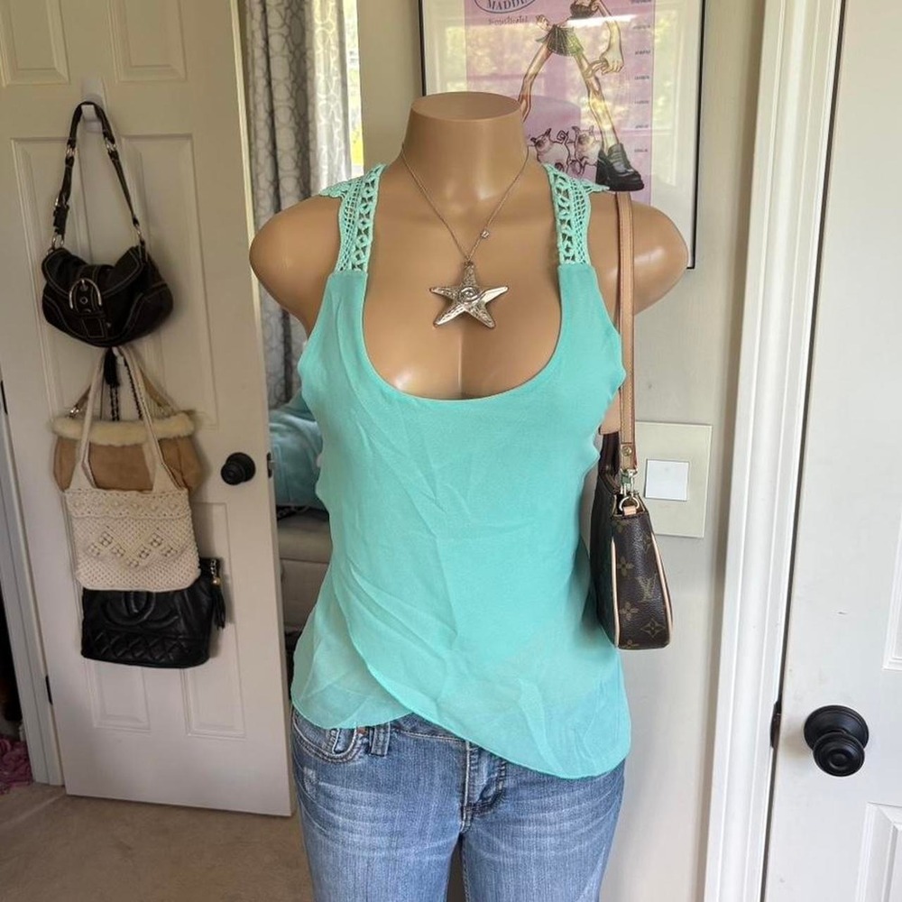 NWT Y2K 2000s Aqua Crochet Strap Asymmetrical Tank Top